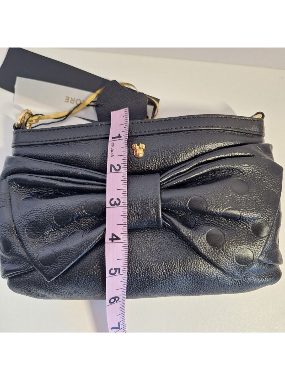 Disney Store Black Minnie Mouse Polka Dot Bow Leather Gold Accents Dust Bag - Picture 6 of 10